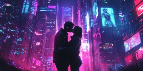 Naklejka premium Couple silhouetted against neon city lights.