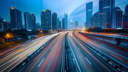 light trails of cars moving fast on the highway with skyscrapers