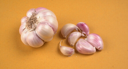 Organic Garlic. Fresh Garlic Cloves and Garlic bulb in wooden basket on yellow background with Pile of garlic or spice. Concept of spices for healthy cooking.