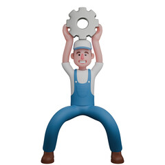 Male Mechanic in Technical 3D. A cheerful mechanic in a blue uniform, squatting while lifting a large gear above his head. Professional Character