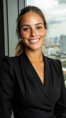 Obraz premium A businesswoman with a confident smile standing in front of large office windows overlooking a cityscape She is dressed in a sharp tailored suit exuding professionalism The image is welllit 