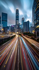 Fototapeta premium light trails of cars moving fast on the highway with skyscrapers