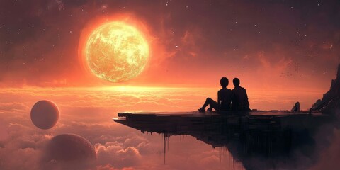 Two figures silhouetted on a platform overlooking clouds and a