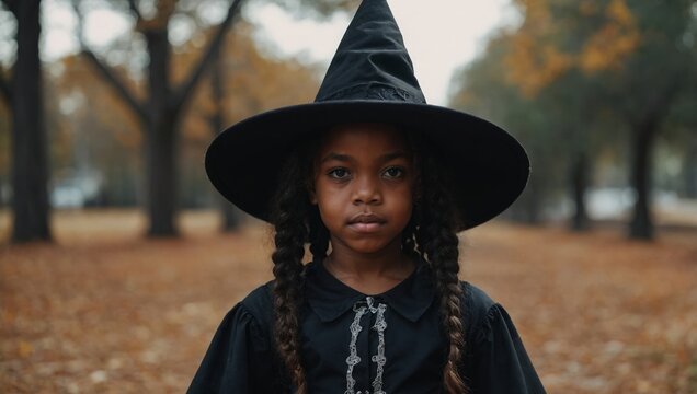 African American girl in witch costume, trick or treat, halloween