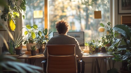 A man is sitting at a desk with a computer monitor in front of him