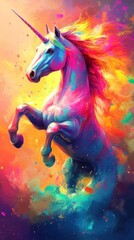 A vibrant unicorn surrounded by a burst of colorful hues, embodying magic and fantasy in a whimsical atmosphere.