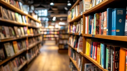 A bookstore aisle displays a variety of bestselling books for sale, with a blurred background.