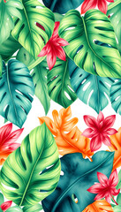 Watercolor painting colorful tropical leaf,green leave seamless pattern background.Watercolor hand drawn illustration tropical exotic leaf prints for wallpaper,textile Hawaii aloha summer style isol