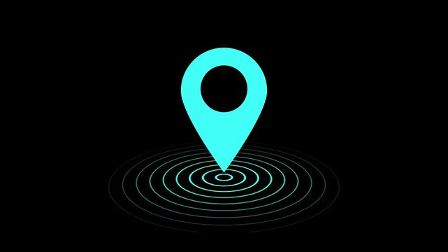 Location pin icon with radio wave animation on a black background.