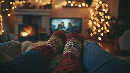 A cozy couple snuggles up on the couch, warmth radiating from their woolen stockings and socks. They escape into the digital realm, engrossed in a movie or series streamed from an online service