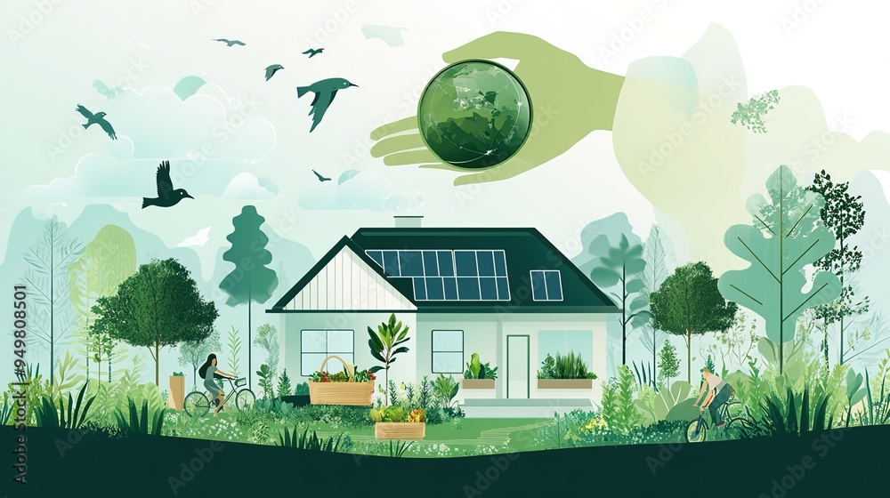 Wall mural Sustainable living and environmental life with eco care outline concept, transparent background.illustration