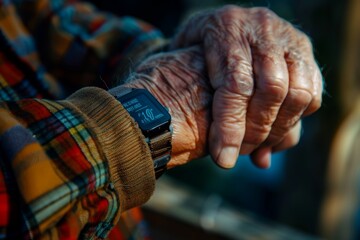 Senior Adjusting Fitness Tracker with Determined Focus, Promoting Elderly Health and Activity