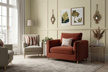 Fototapeta premium Soft Living Room Mockup Featuring a Striking Armchair and Tasteful Decorations on a Light Cream Wall