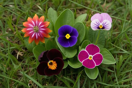 Ornamental Blooming Flowers from the Top View: Tigirdia, Tropaeolum majus, Viola tricolor, Vinca difformis on Fresh Green Grass Background
