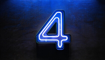 Image of glowing neon number 4 four, made from neon light. 3D rendering. Dark backdrop.