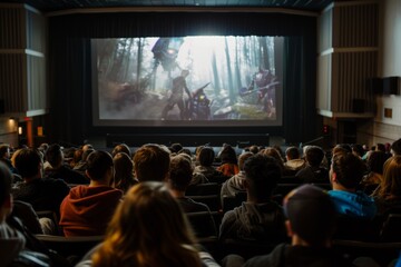 College Students Enjoying Science Fiction Movie Marathon in Campus Auditorium