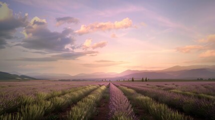 Fototapeta premium Lavender field at sunset with mountains in the distance.