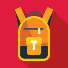 Yellow school backpack standing on red background with long shadow, ideal for educational or travel related projects