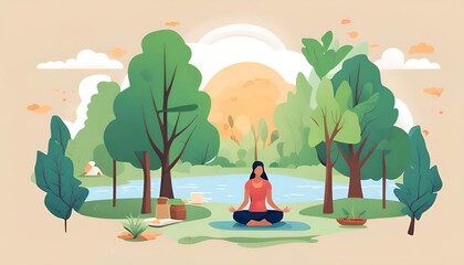 Relax and unwind in our serene nature scene, perfect for promoting stress awareness and wellness initiatives. High-quality illustrations are available for licensing.
