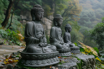 Fototapeta premium a group of three statues of Buddha sitting on a stone wall in a forested area. 