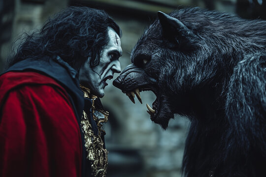 A gothic clash between Dracula and a fearsome werewolf in a dark realm, fighting to defend humanity from impending doom