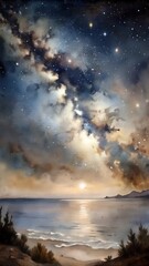 Beautiful watercolor seascape with a starry sky and the Milky Way over calm waters at dusk 
