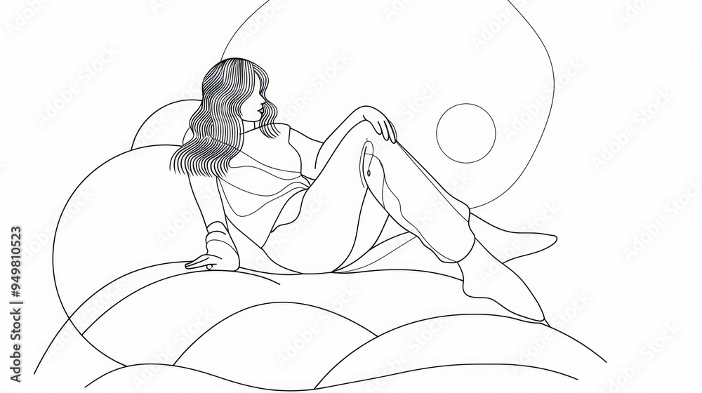 Poster Line art illustration of a woman relaxing on a cloud.