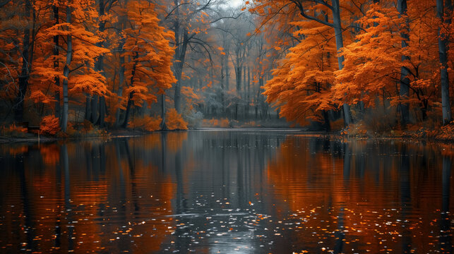 Stream in foggy Forest at autumn, wild autumn landscape with trees and beautiful lakes, magical autumn scenary