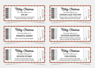 Christmas gift voucher with activities. Christmas voucher for Romantic dinner, Spa for two, cooking class. Ideas of Christmas gift. Gift coupon, voucher for friends, family, love ones.