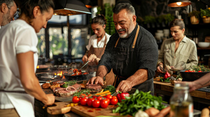 Middle-aged Friends Enjoy Grilling at a Barbecue Cooking Class for Perfect Flavor and Tenderness