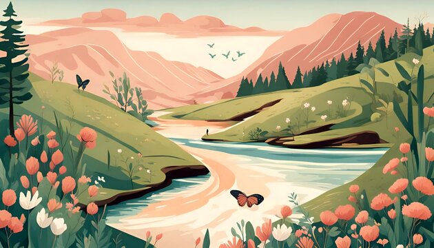 Celebrate National Stress Awareness Day with this soothing illustration that emphasizes the connection between nature and mental well-being. High-quality image available for commercial use.