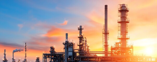 A stunning industrial landscape featuring oil refinery structures against a vibrant sunset sky, symbolizing energy production.