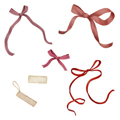 Satin bows and vintage tags for holidays and gifts. Watercolor illustration in digital style. Set of cute bows for Christmas illustration. Red ribbons, romantic bows, isolated on background.
