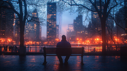 Fototapeta premium A solitary figure sits on a bench, gazing at a misty cityscape illuminated by amber lights, creating a serene urban atmosphere.