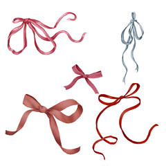 Satin ribbons and bows for holidays and gifts. Watercolor illustration in digital. Set of romantic bows for Christmas illustration. Vintage red ribbons, romantic cute bows, isolated on background.