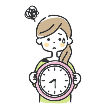 recommend clip art: 時計を持って困っている女性