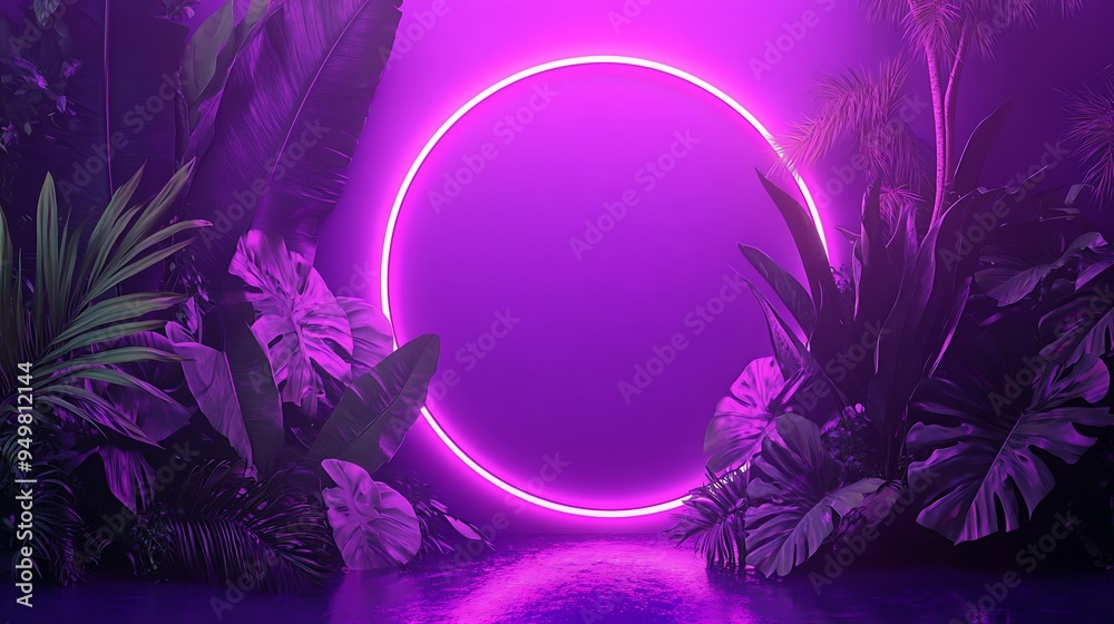 Wall mural Neon Circle in Tropical Foliage