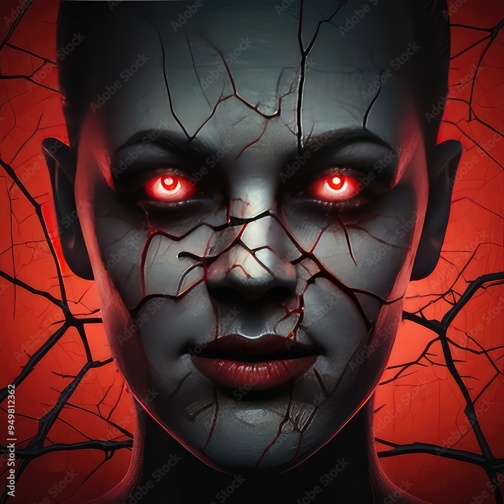 Wall mural volcanic cracked on face with bright lava highlights and scary red eyes, scary face of woman with re