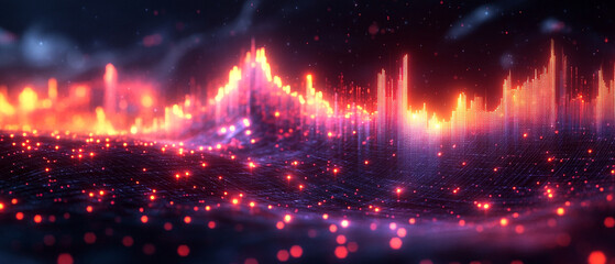 Obraz premium A vibrant abstract landscape filled with luminous waves and glowing particles, creating a mesmerizing digital visual experience.