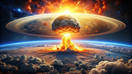 A massive explosion occurs on a planet's surface, sending a fiery mushroom cloud upward. The backdrop features a majestic ringed gas giant, creating a stunning cosmic vista