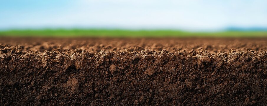 Close-up of rich, fertile soil with blurred green field and blue sky background, ideal for agriculture and gardening themes.