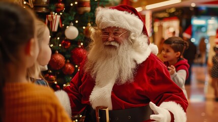 Santa Claus Greeting Children at Shopping Mall with Festive Decorated Grotto - Christmas Holiday