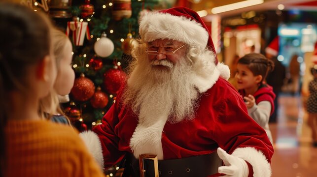 Santa Claus Greeting Children at Shopping Mall with Festive Decorated Grotto - Christmas Holiday