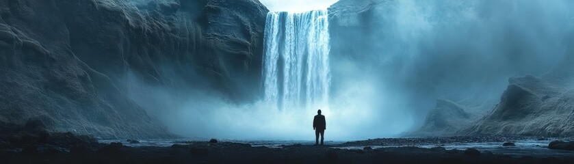 Obraz premium Solitary Figure Standing Before Majestic Waterfall in Misty Mountain Landscape