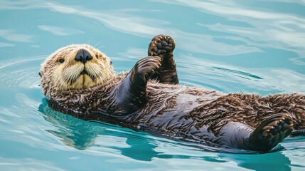 Fototapeta premium Cute Sea Otter Relaxing and Floating on Its Back