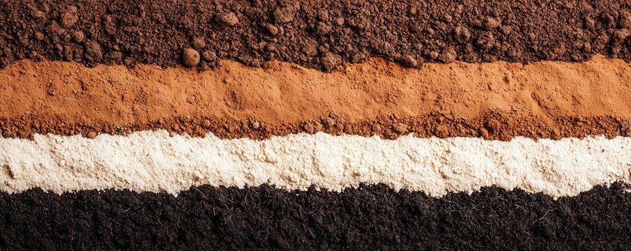 Cross-section of soil layers showcasing various textures and colors, illustrating geological diversity in an educational context.