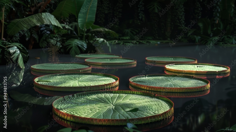 Sticker Lush green lily pads float on still water in a tropical rainforest.