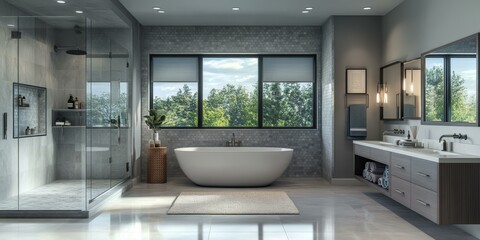 Fototapeta premium Modern bathroom with freestanding tub and large window.