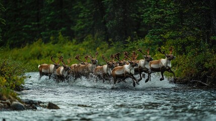 Wild Caribou Migration Over a River