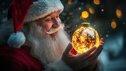 Naklejka premium Santa Claus Holding a Glowing Christmas Ornament with a Warm Holiday Glow